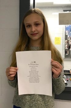 In honor of National Poetry Month, Izabella Walther read an original piece to the school today. Here is Izabella and her poem: