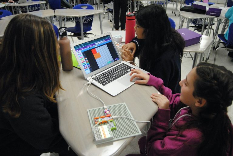 Grade 7 Technology class using Littlebits Fuse to code animations and sound on an LED matrix display board