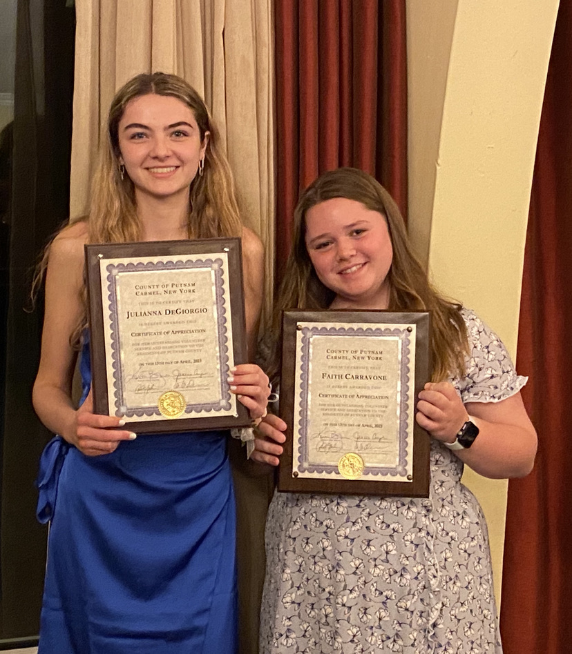 From the Putnam County Youth Bureau Ceremony. Julianna DeGiorgio and Faith Carravone were recognized for their dedication to volunteerism in their community.
